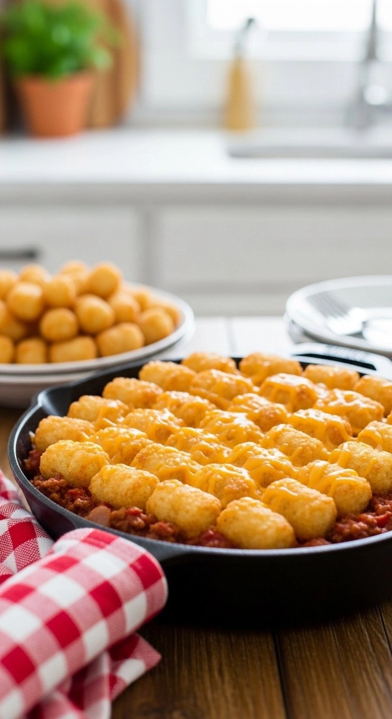 Crispy Golden Tater Tots Arranged In Rows Over A Rich Beef Sloppy Joe Base In A Rustic Cast Iron Skillet Dish.