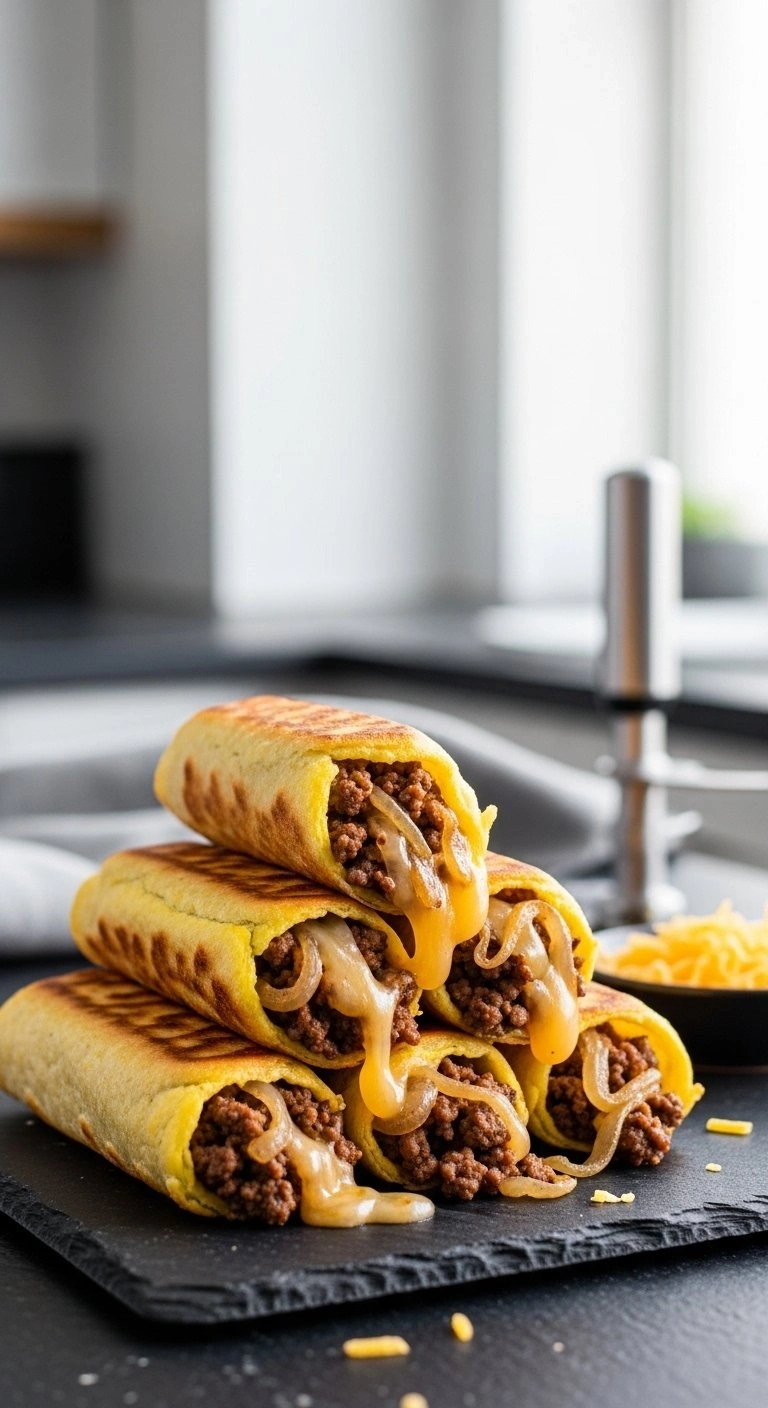 Crispy Ground Beef Philly Cheesesteak Egg Rolls With Melted American Cheese On A Dark Slate Serving Platter.