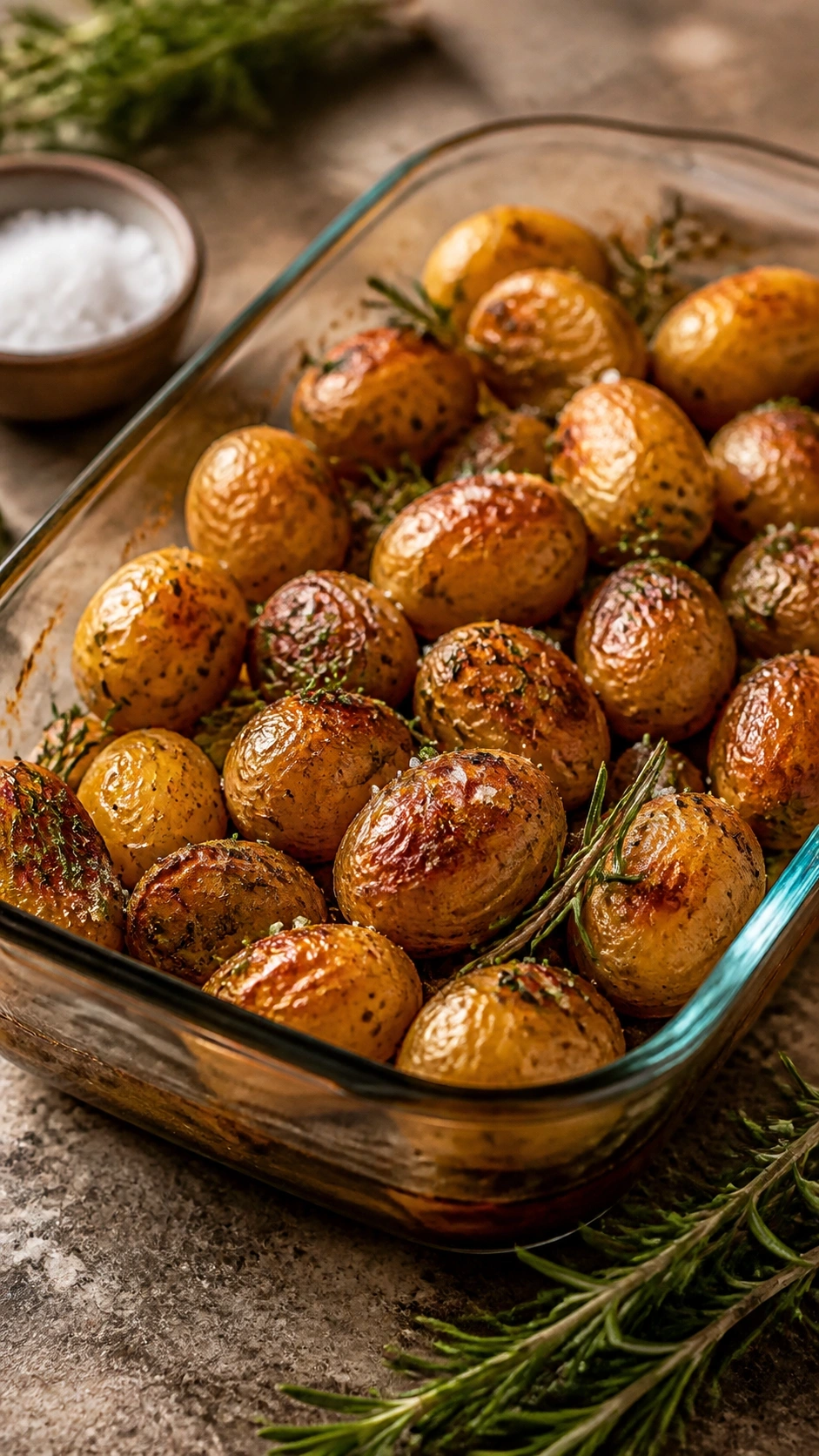 Crispy herb-roasted baby potatoes with fresh rosemary and sea salt in a glass baking dish on a stone surface.