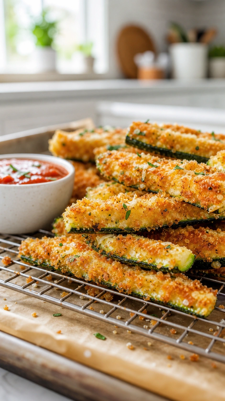 Crispy parmesan zucchini spears breaded with panko and served with marinara sauce on a wire cooling rack.