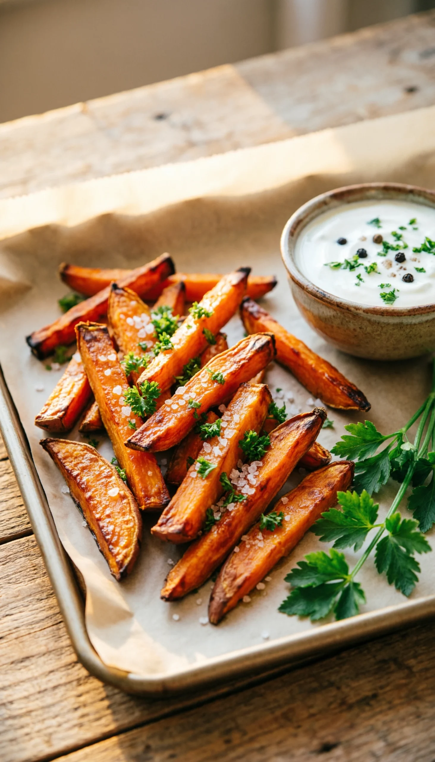 Crispy roasted sweet potato fries with coarse salt and fresh cilantro on a parchment-lined baking sheet and table.