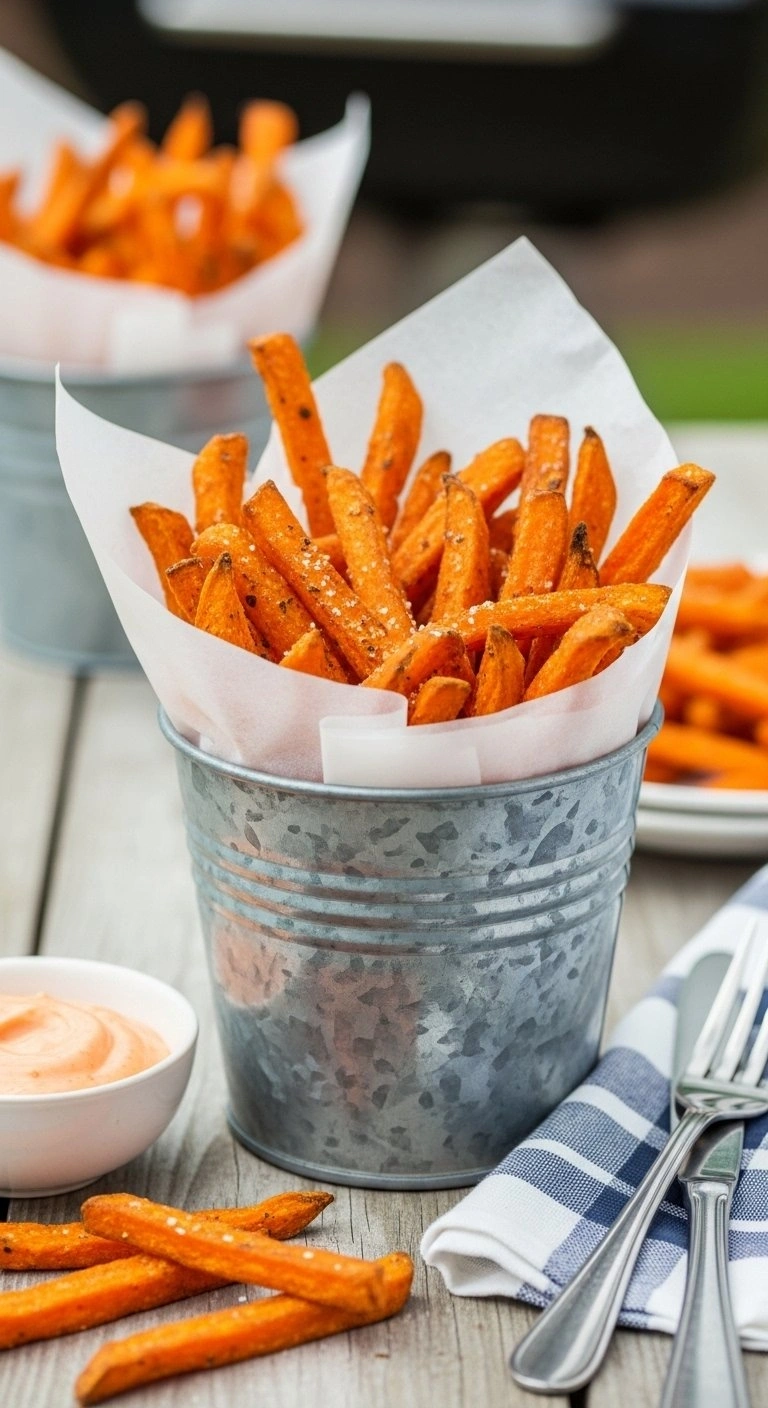 Crispy Seasoned Sweet Potato Fries In A Galvanized Bucket With Spicy Mayo Dipping Sauce At A Backyard Barbecue.