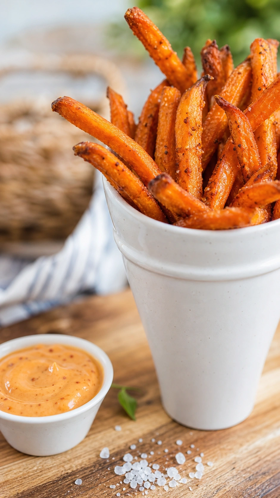Crispy seasoned sweet potato fries in a white ceramic cone holder with chipotle aioli on a rustic wooden board.