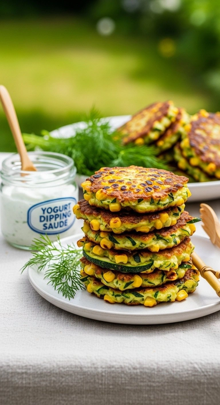Crispy Zucchini And Corn Fritters Showcasing Charred Kernels And Green Zucchini, Stacked In A Glass Container For A Picnic.