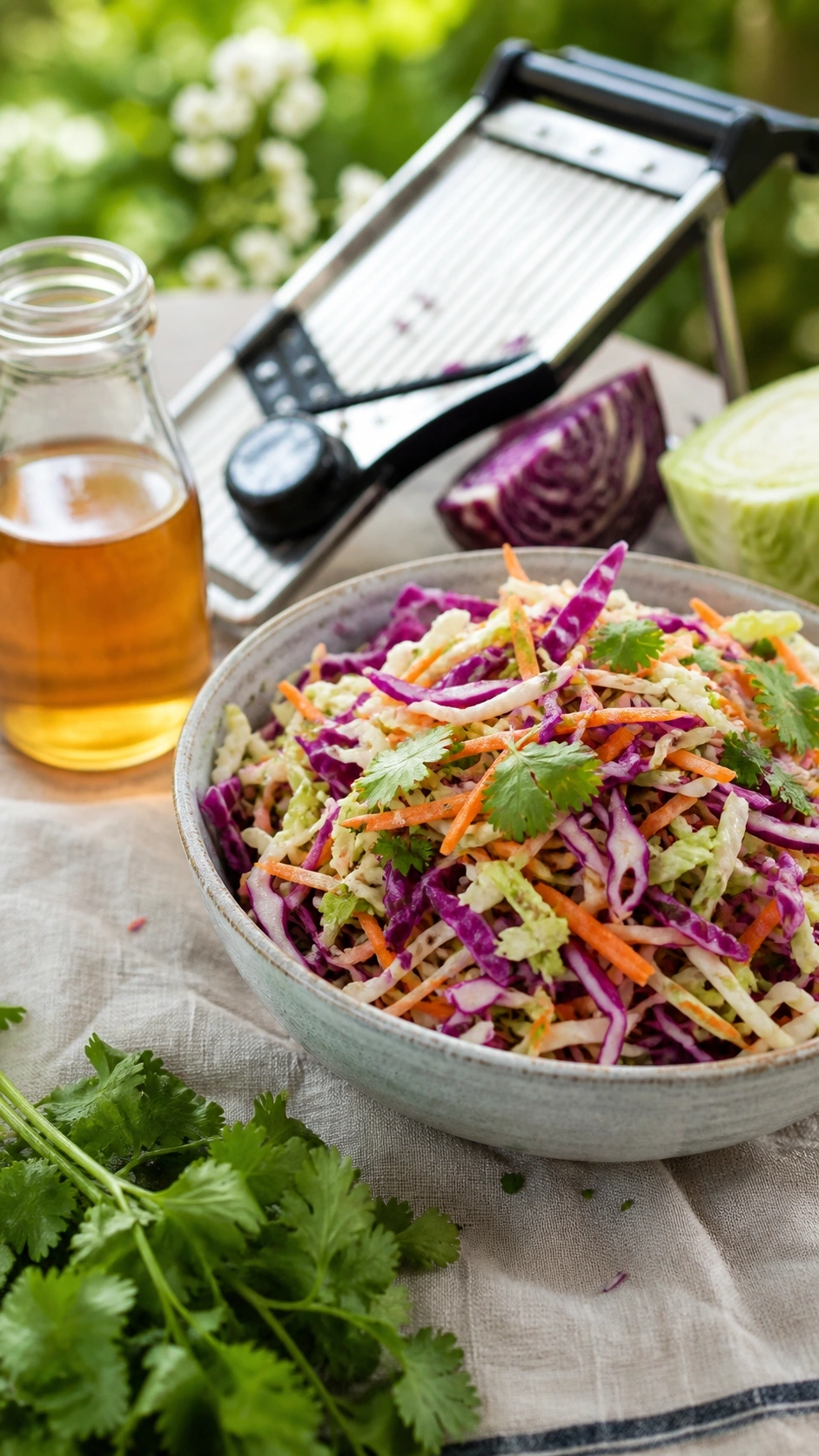 Crunchy red cabbage slaw with carrot ribbons and vinegar dressing served on a linen tablecloth in a garden setting.