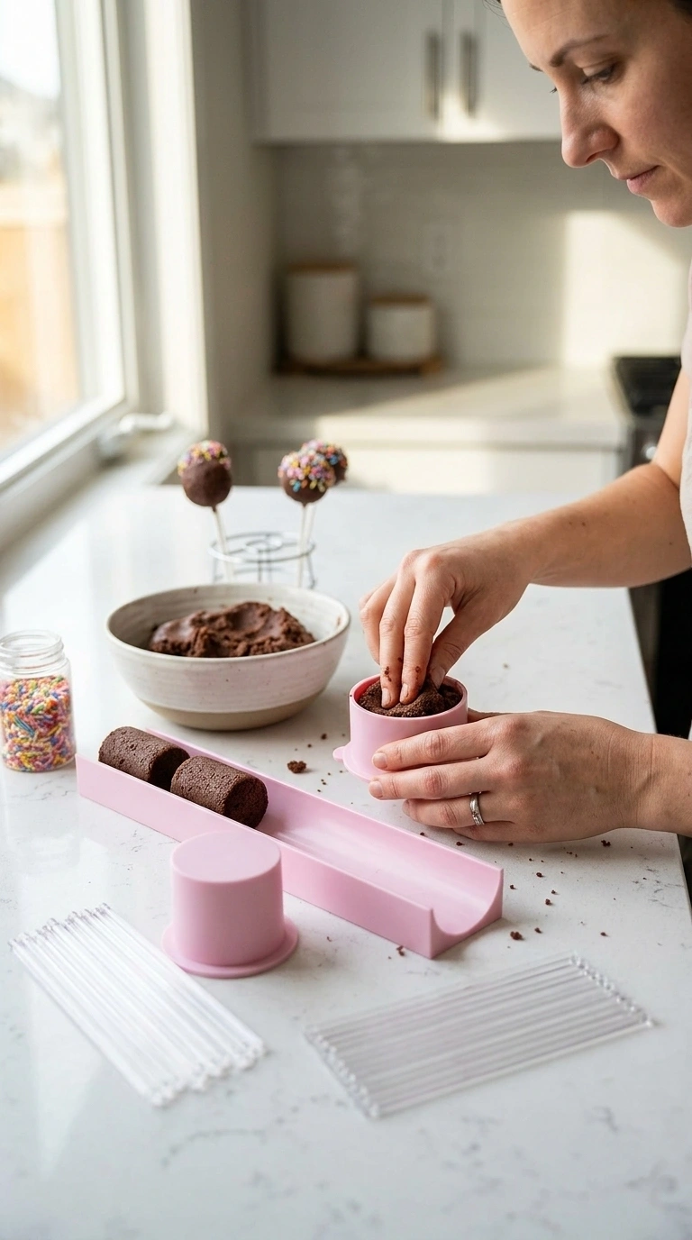 A Daofvor Cake Pop Mold Being Used On A Kitchen Counter With Baking Ingredients.