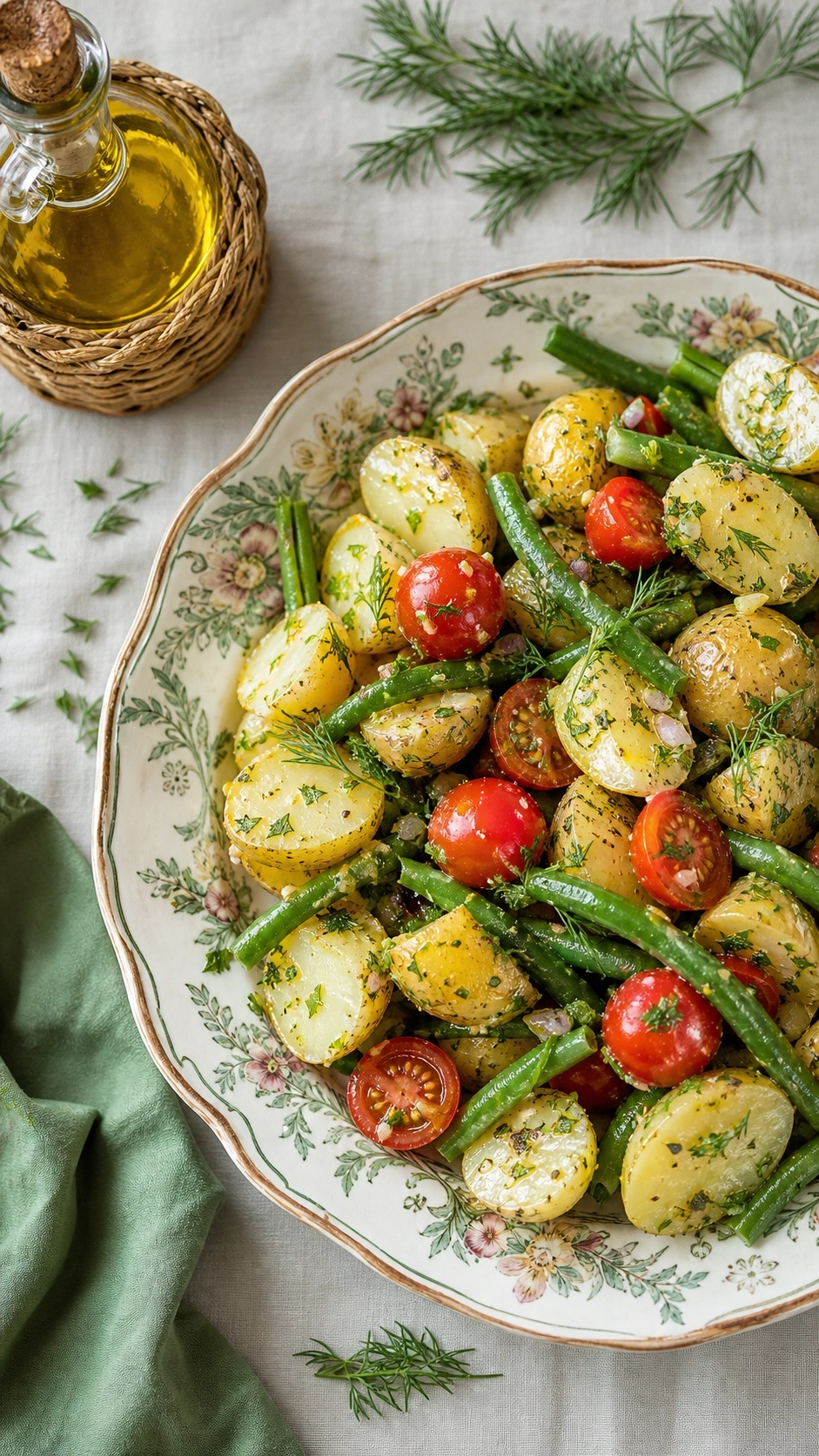Dairy-free vinegar potato salad with green beans and cherry tomatoes on a vintage plate with a linen tablecloth.