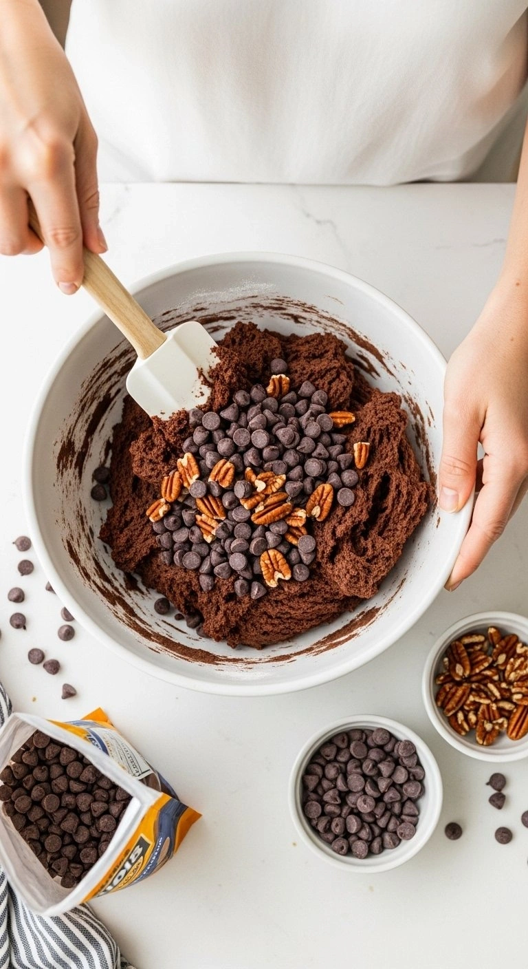 Dark Chocolate Cookie Dough With Semi-Sweet Chocolate Chips And Pecans Being Folded In A Large Bowl On A White Countertop.
