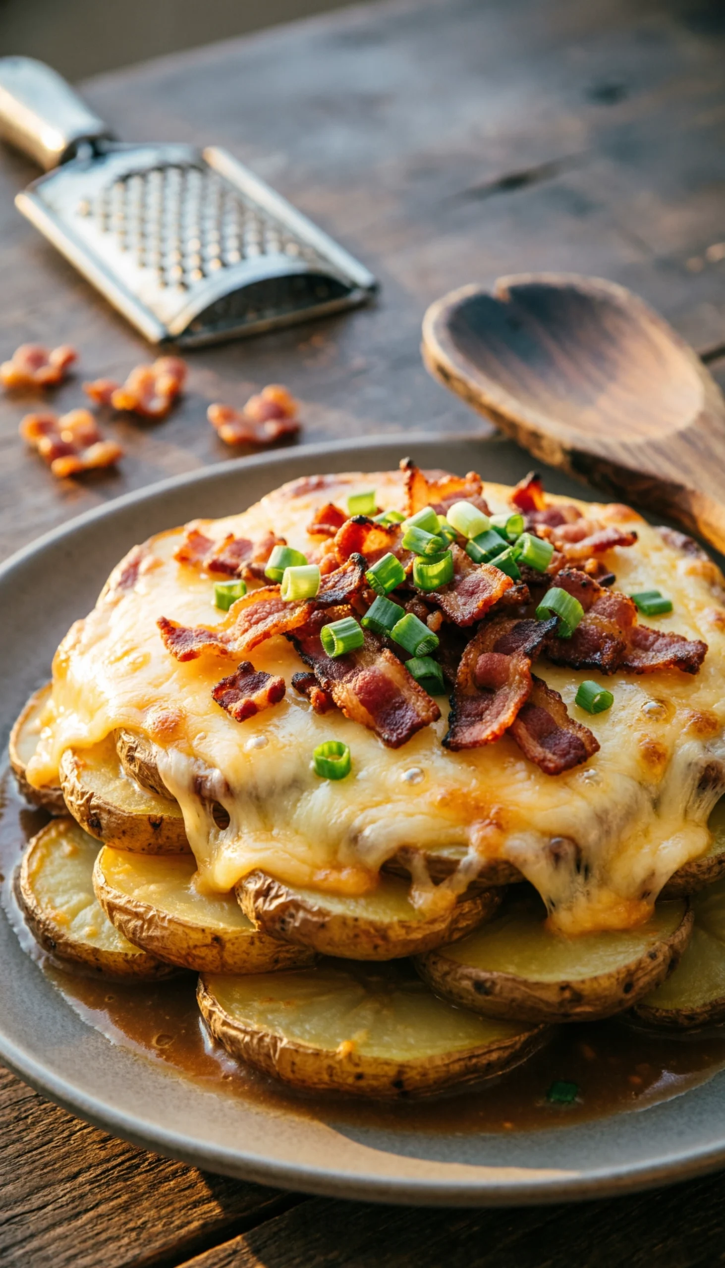 Decadent bacon cheese hobo casserole with potatoes, ground beef, melted cheddar, crispy bacon, and green onions.