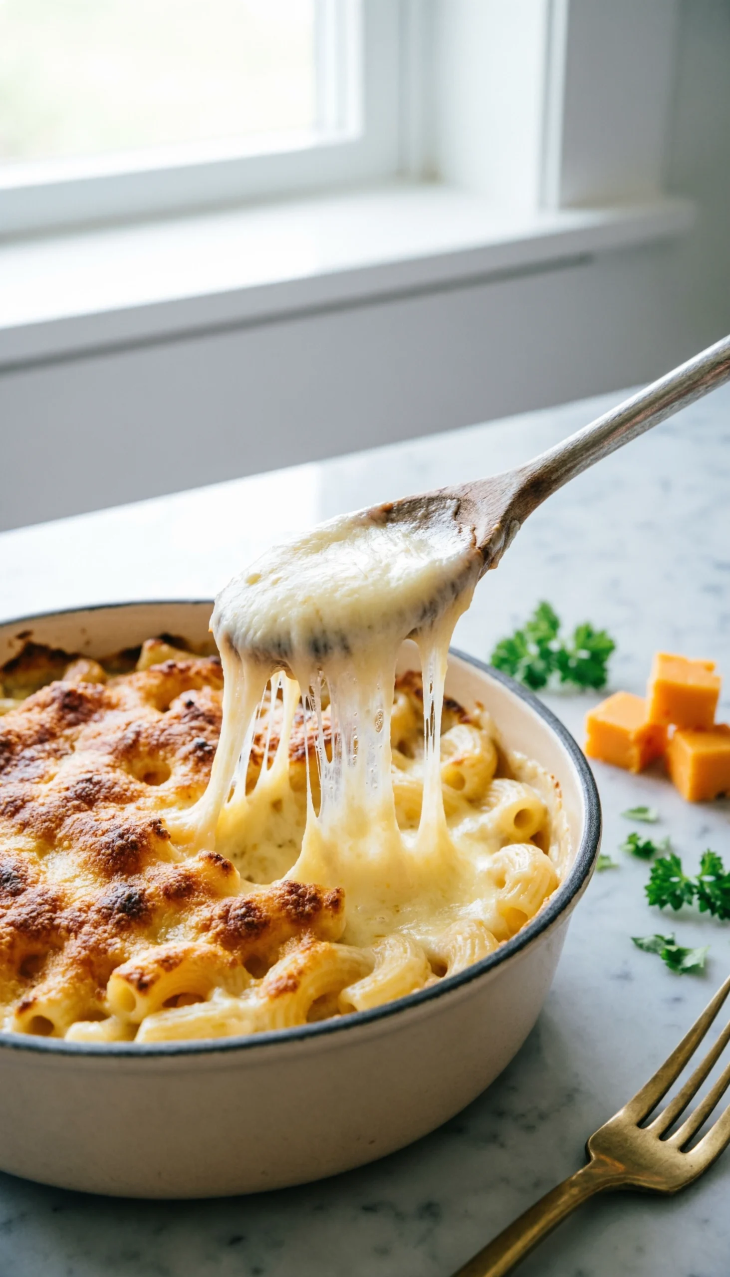 Decadent, creamy crockpot mac and cheese with gooey cheese pulls, garnished with fresh parsley on a marble countertop.