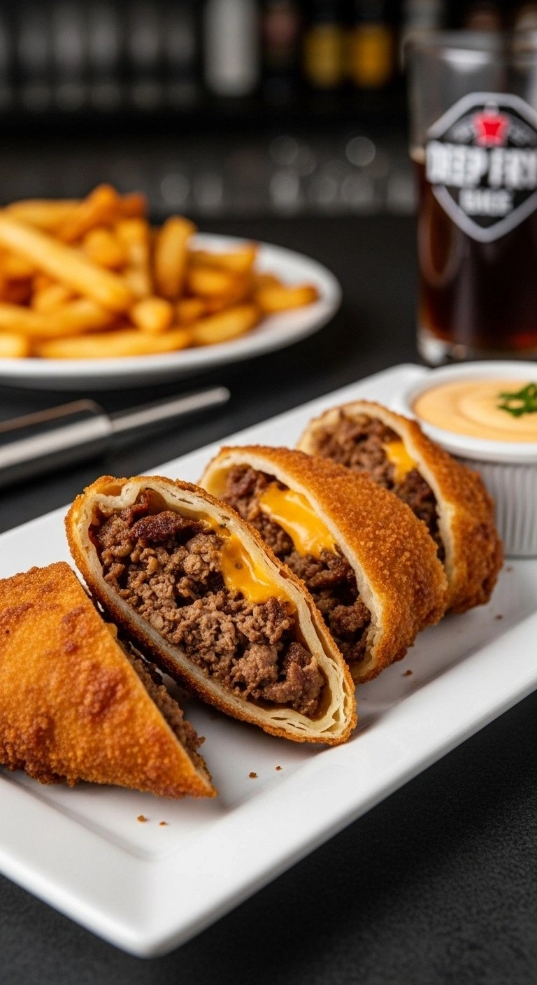 Deep-Fried Restaurant Style Cheesesteak Egg Rolls With Molten Cheese And Beer Cheese Dip On A White Plate.