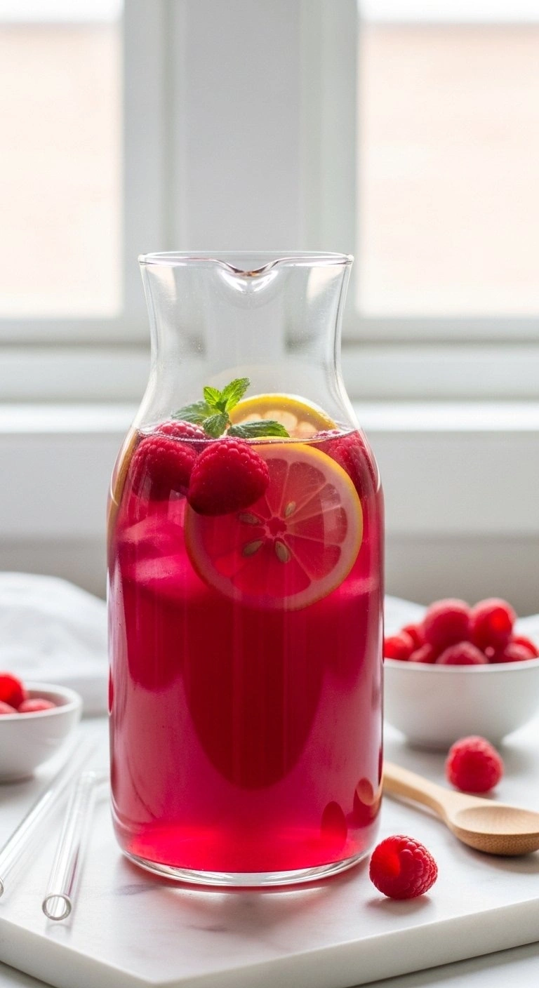 Deep Magenta Raspberry Lemonade In A Glass Carafe With Whole Berries And Lemon Wheels On A White Marble Surface.