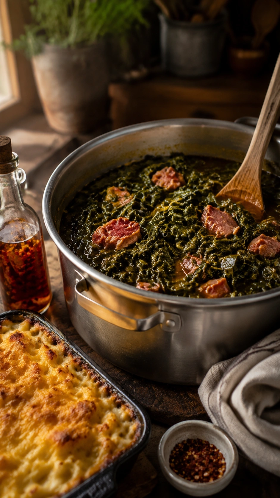 Deep pot of simmering collard greens with ham hock, alongside golden baked mac and cheese on a rustic stovetop.