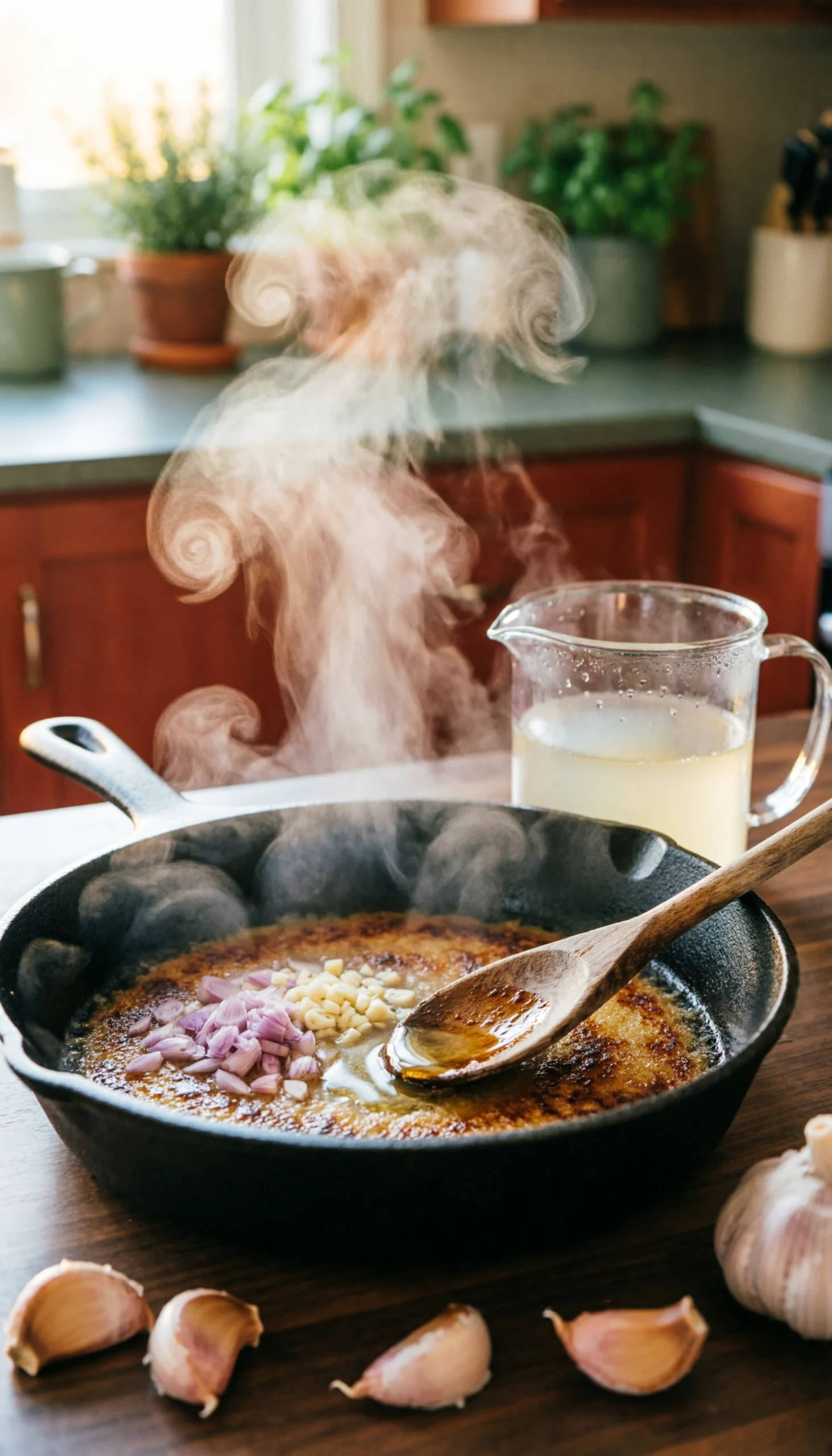 Deglazing a hot cast iron skillet with white wine over minced shallots and garlic to create a flavorful pan sauce.