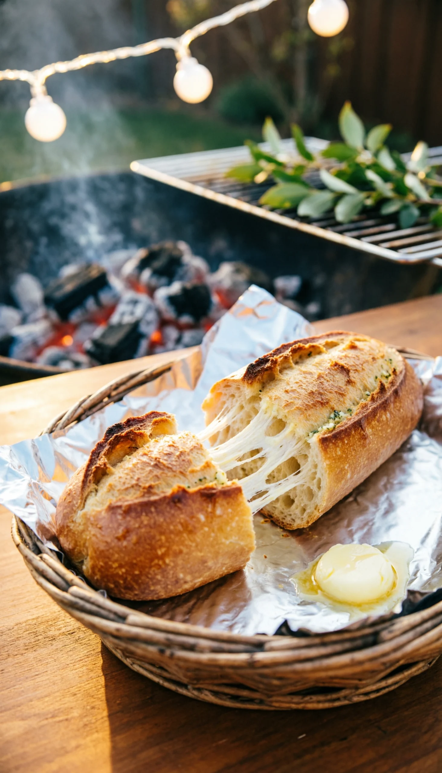 Delicious pull-apart garlic bread with melted butter, served in a foil-lined basket on a rustic wooden table.