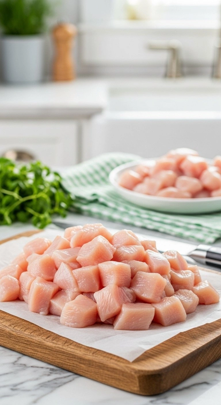 Diced Raw Chicken Breast Cubes On A Rustic Wooden Cutting Board With A Chef's Knife And Herbs In A Clean Kitchen.
