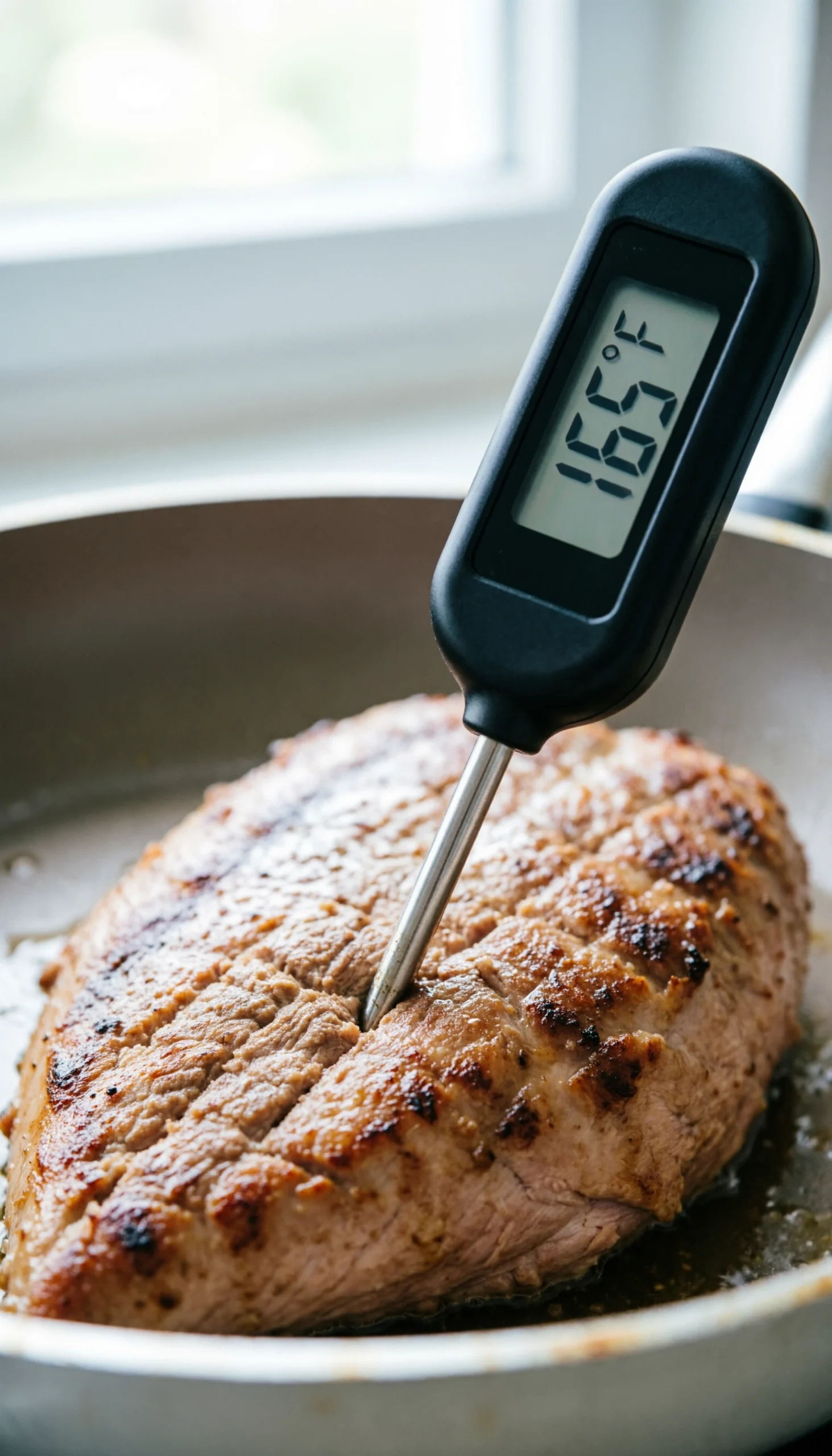 Digital instant-read meat thermometer checking the 165 degree temperature of cooked ground turkey in a kitchen skillet.