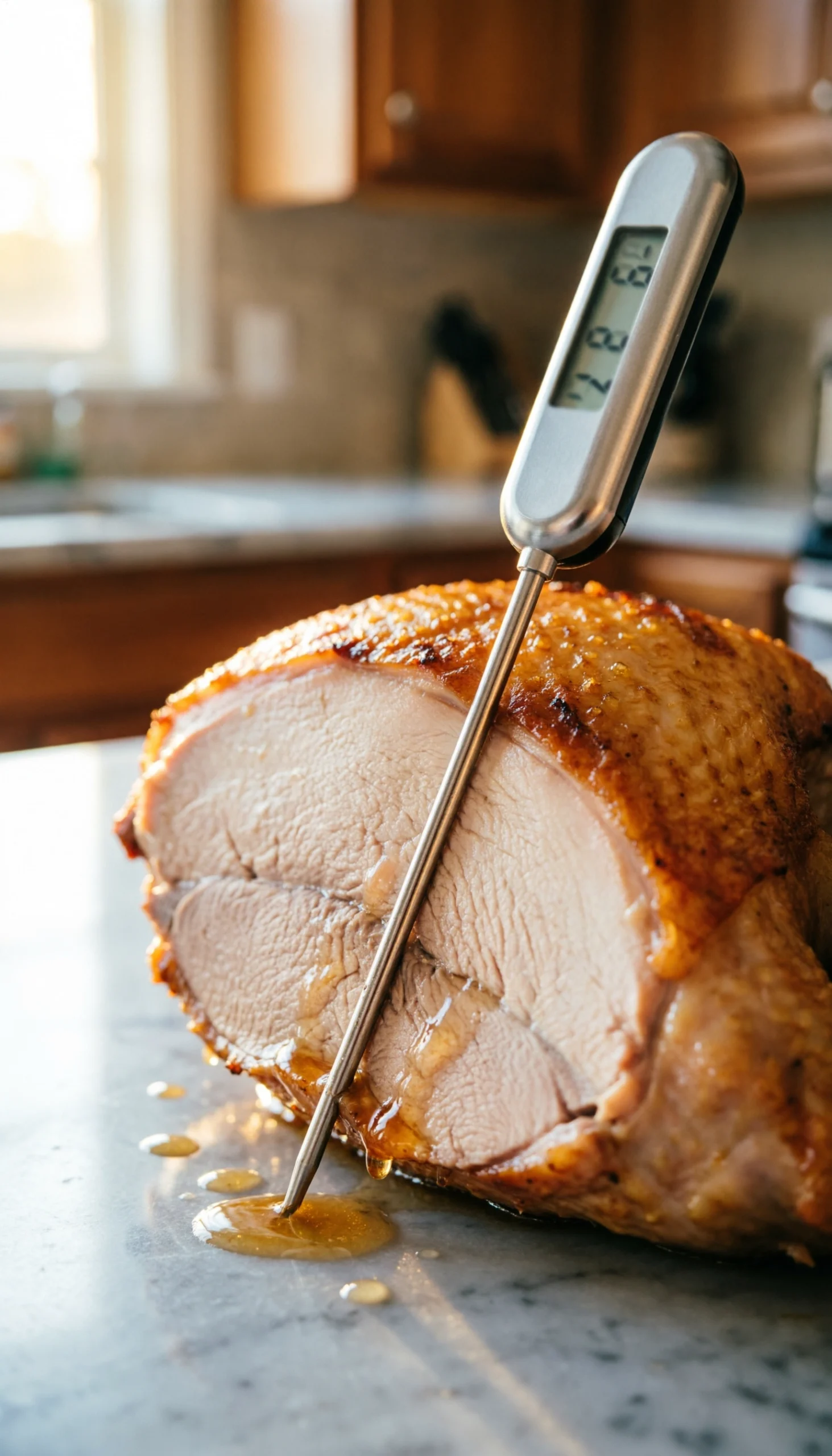 Digital meat thermometer checking the internal temperature of a juicy roasted turkey breast for food safety.