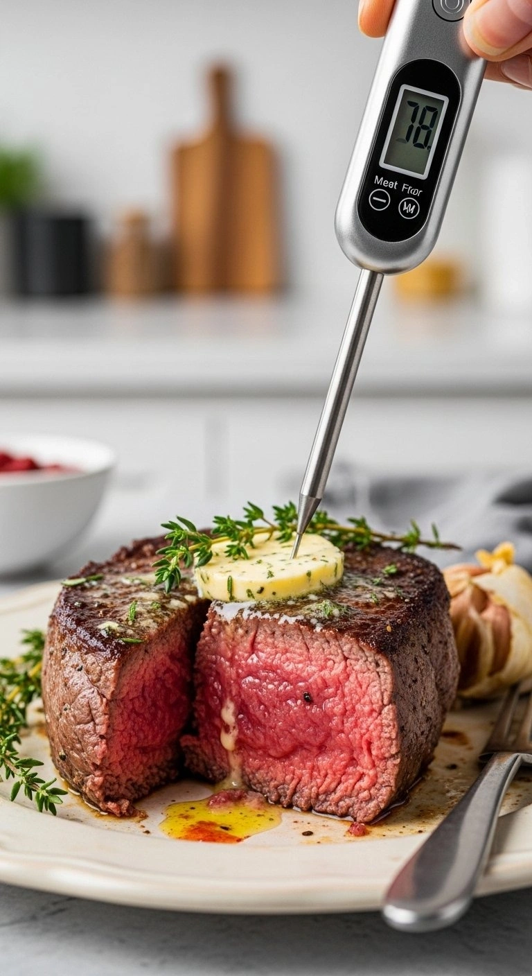 Digital Thermometer Piercing A Juicy Medium-Rare Steak Bite Dripping With Melted Garlic Herb Butter On A Plate.