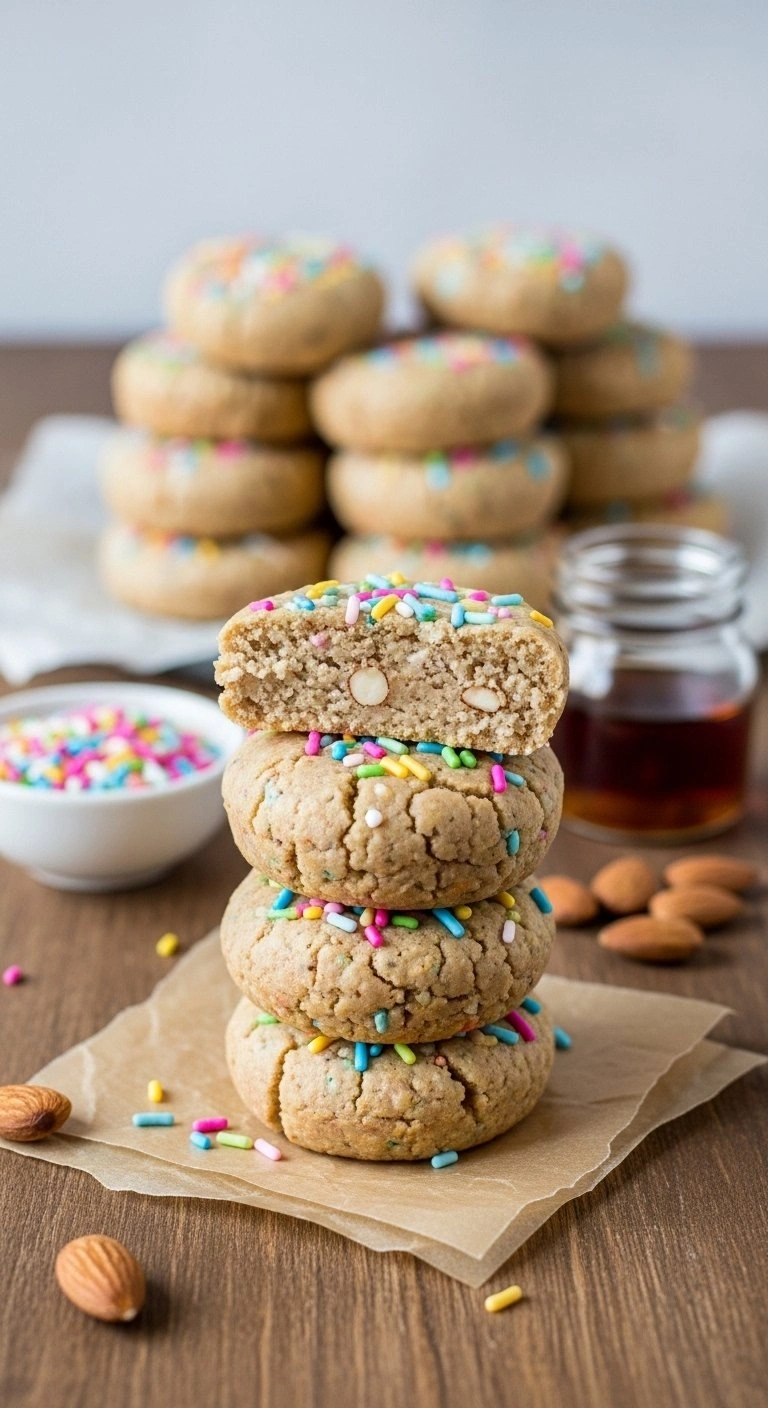 Doughy Vegan Funfetti Cake Batter Protein Bites With Dye-Free Sprinkles On Parchment, With Maple Syrup And Raw Almonds.