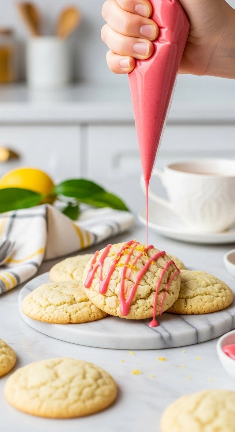 Drizzling Bright Pink Strawberry Icing Onto Pale Meltaway Cookies With Fresh Lemon Zest On A Marble Counter.