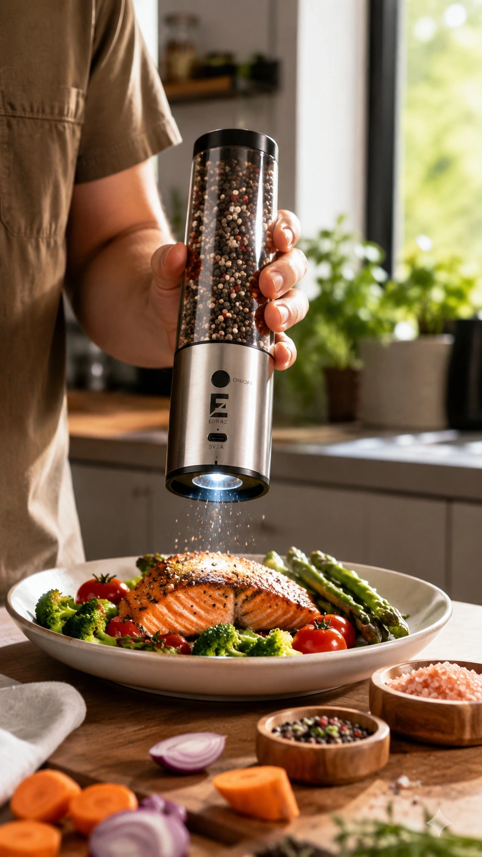 Edraz Electric Grinder Set Testing In A Home Kitchen Next To Coarse Sea Salt And Peppercorns