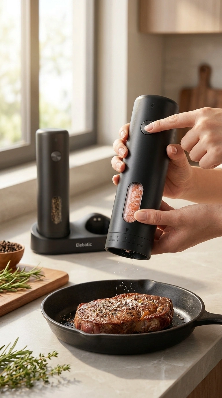 A Photo Of The Elebatic Grinders On A Kitchen Counter Dispensing Coarse Pepper Next To A Digital Scale And Measuring Spoons.