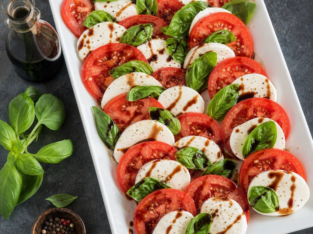 Elegant Caprese Salad Platter With Ripe Red Tomatoes, Fresh Mozzarella, Bright Green Basil, And Balsamic Glaze On A Slate Surface.