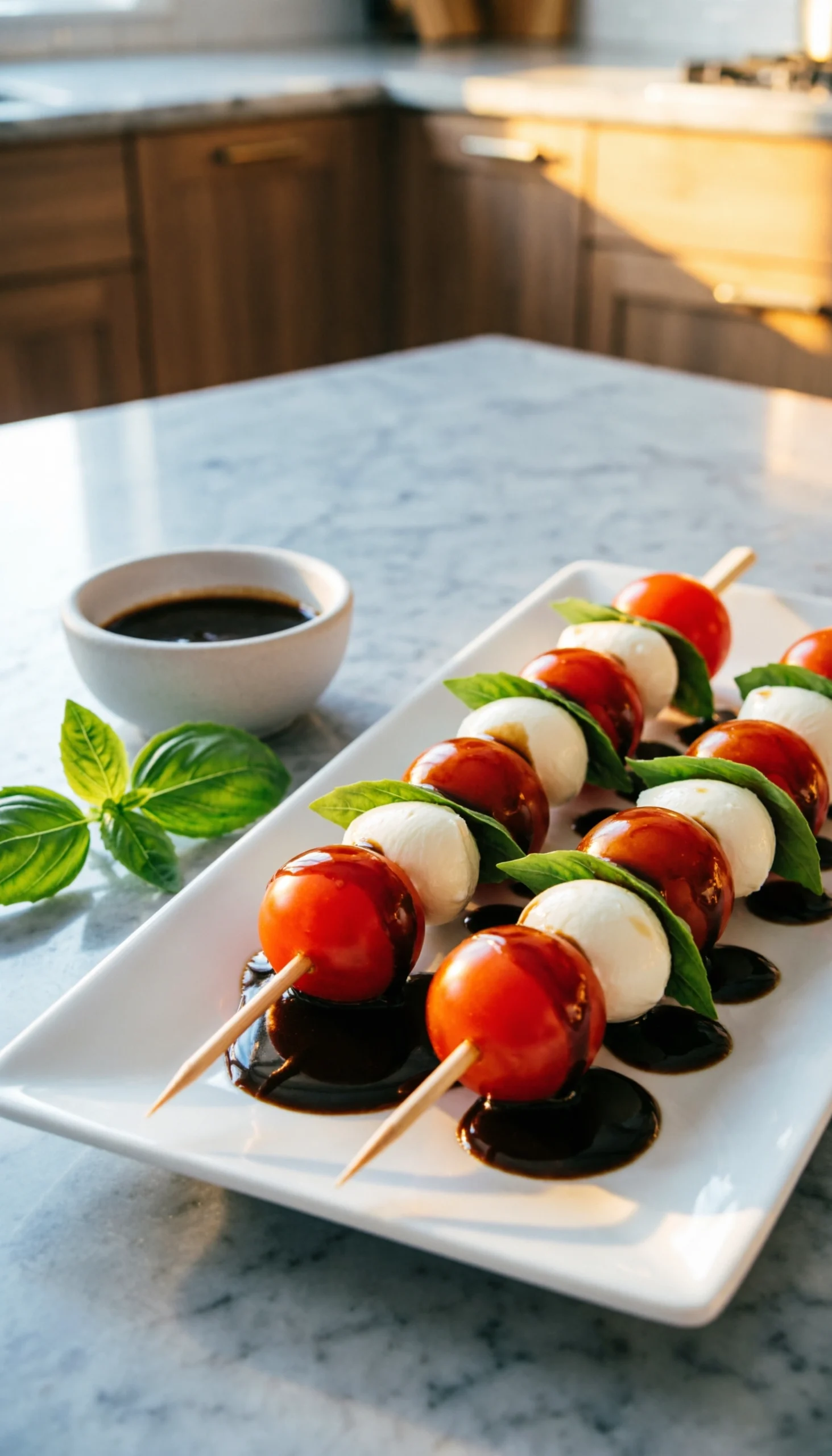 Elegant Caprese skewers with cherry tomatoes, mozzarella, and fresh basil drizzled with balsamic glaze on a white platter.