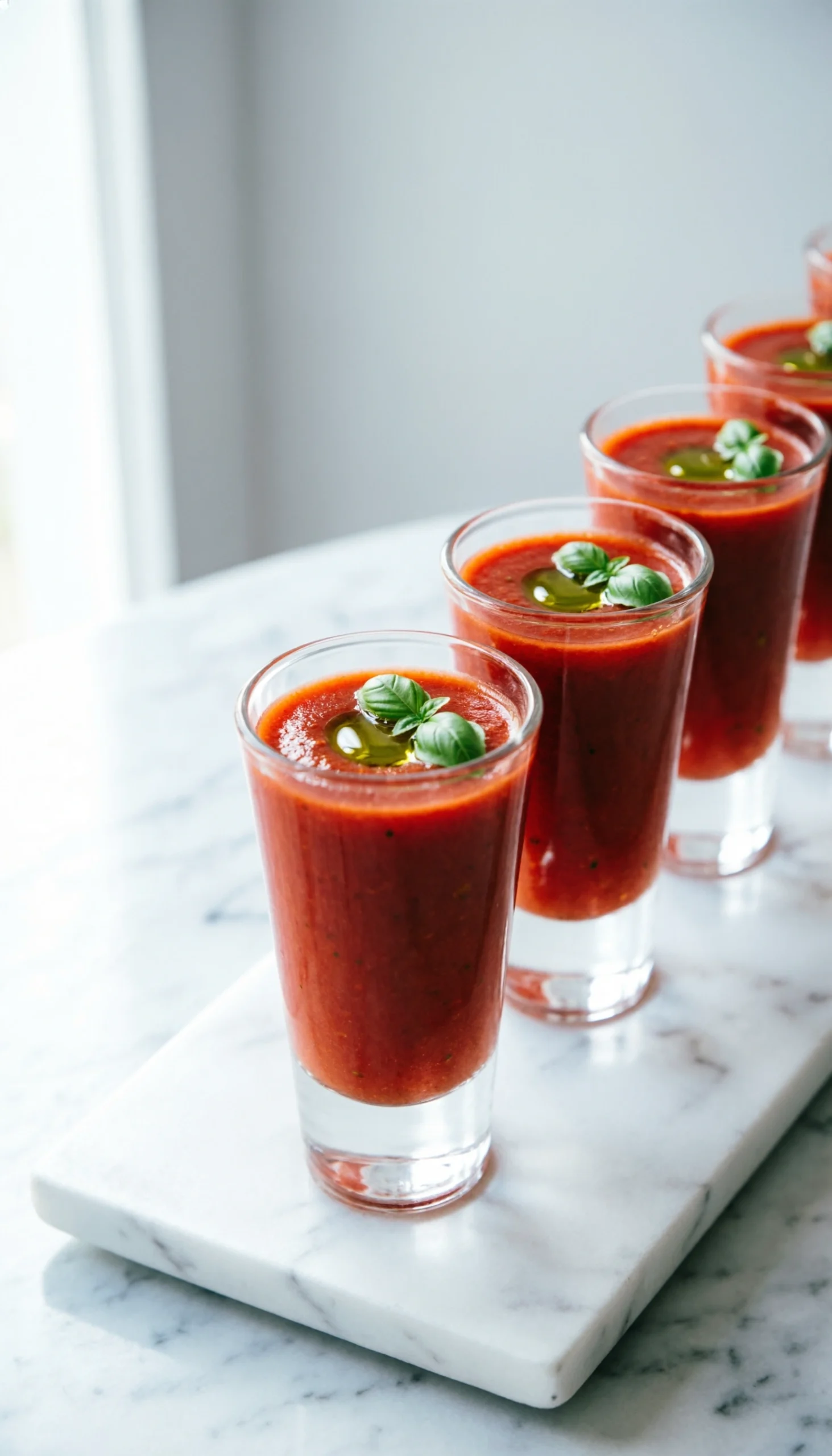Elegant Gazpacho shooters, vibrant red cold soup in shot glasses, garnished with olive oil and basil on a white tray.