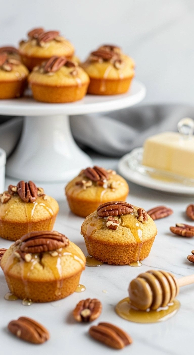Elegant Brown Butter Pecan Cornbread Poppers With Toasted Pecans And Honey Glaze On A Marble Countertop For Dessert.