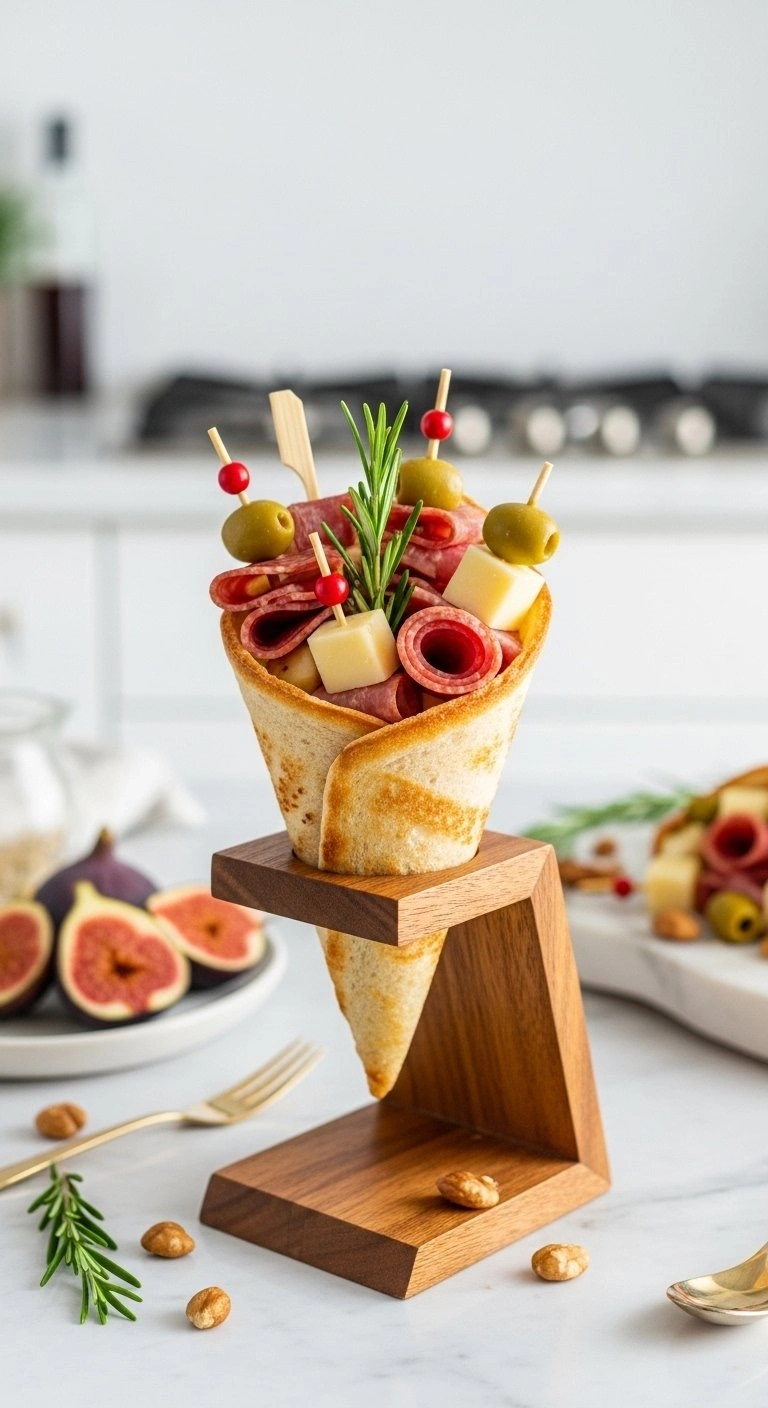 Elegant Charcuterie Bread Cone Appetizer Filled With Cured Meats, Artisan Cheeses, And Olives On A Marble Counter.