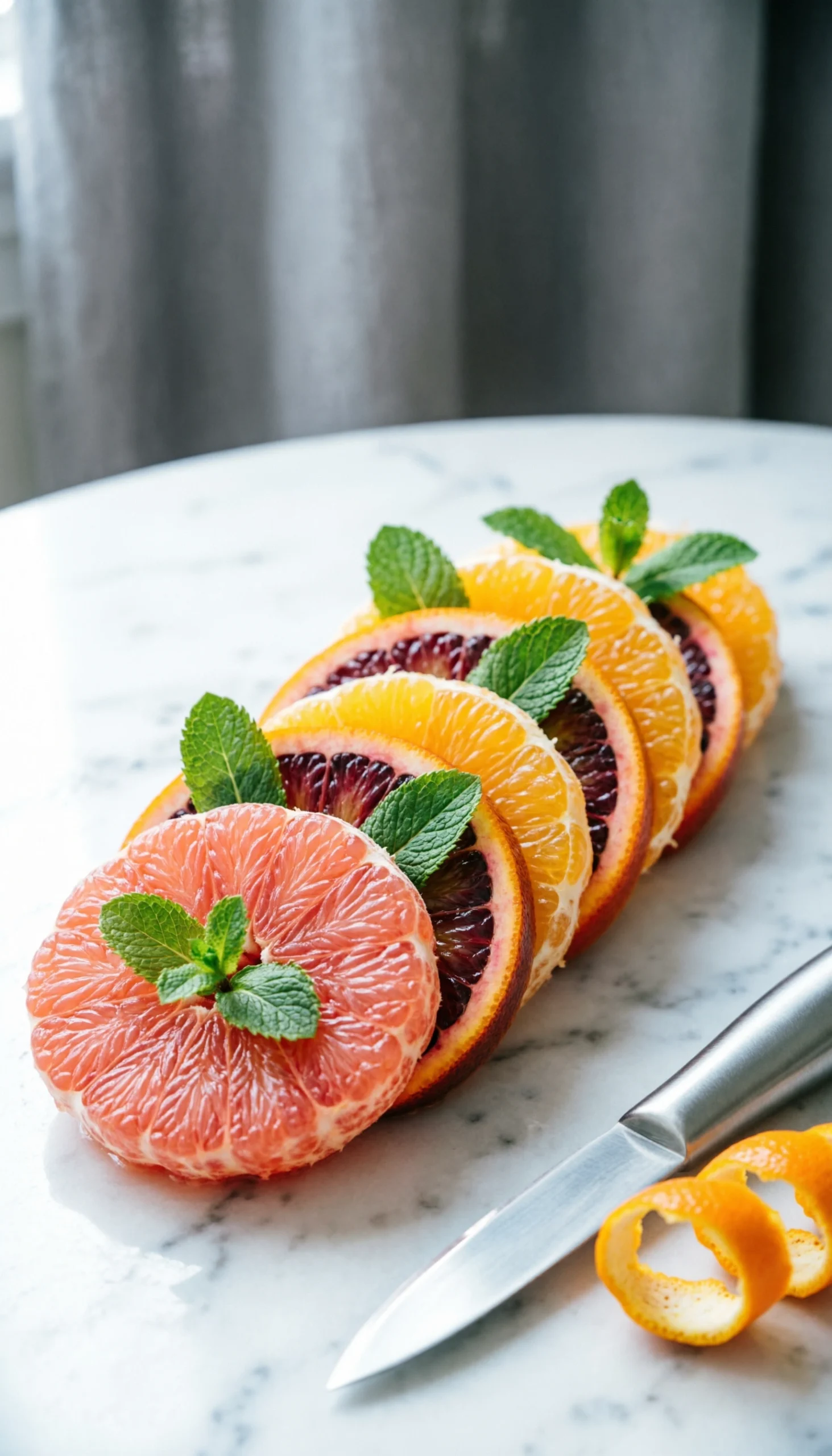 Elegant citrus salad with grapefruit and blood orange segments topped with fresh mint on a marble surface.