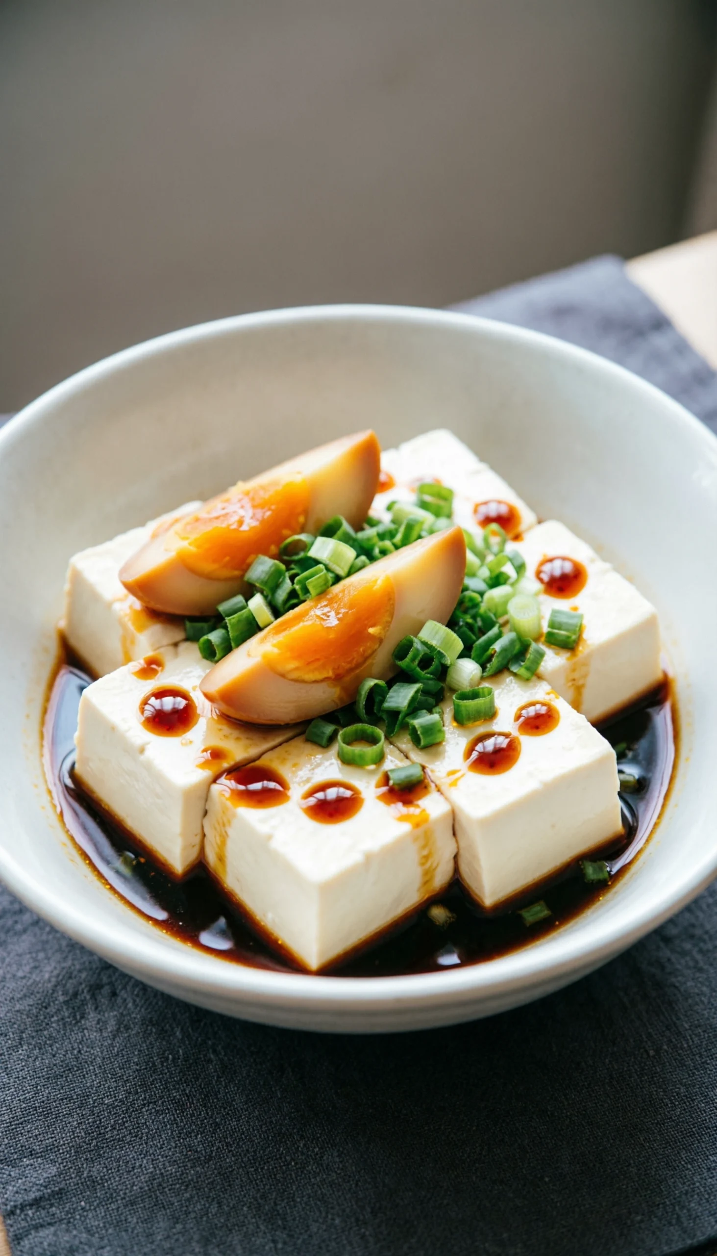 Elegant cold tofu salad with silken tofu cubes, century egg, scallions, and chili oil in a shallow bowl.