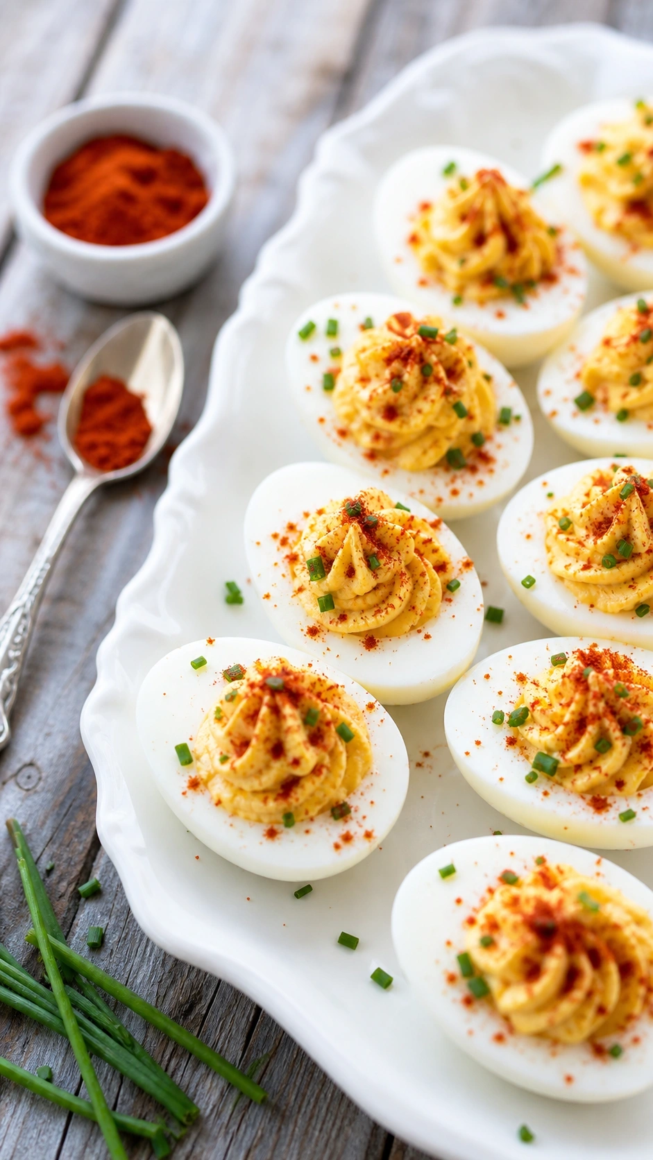 Elegant deviled eggs with creamy yolks, smoked paprika, and fresh chives on a white platter on a patio table.