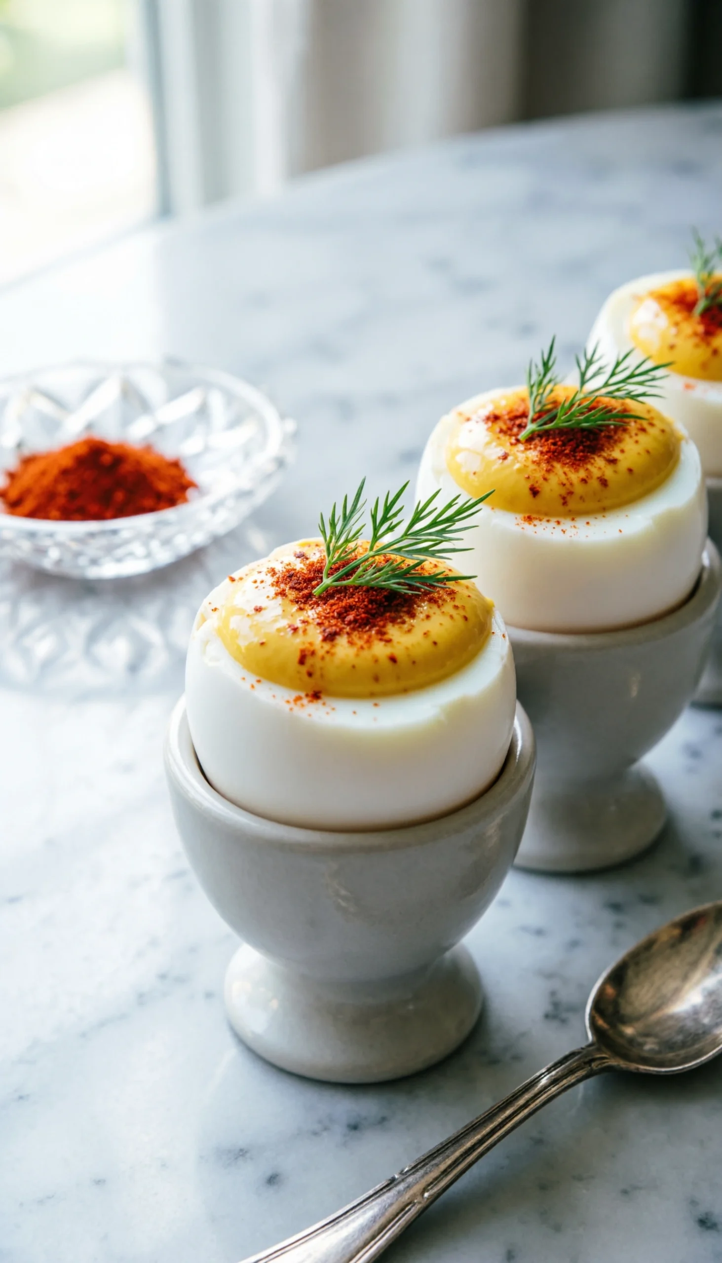 Elegant deviled eggs with paprika and dill on a ceramic tray, ready for serving on a marble countertop.