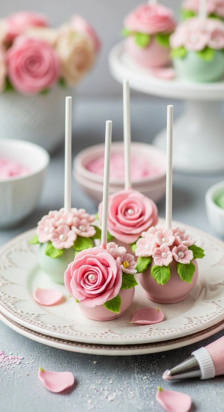 Elegant Flower-Themed Cake Pops With Pink Fondant Petals And Sugar Pearls Displayed On A Vintage Ceramic Plate.