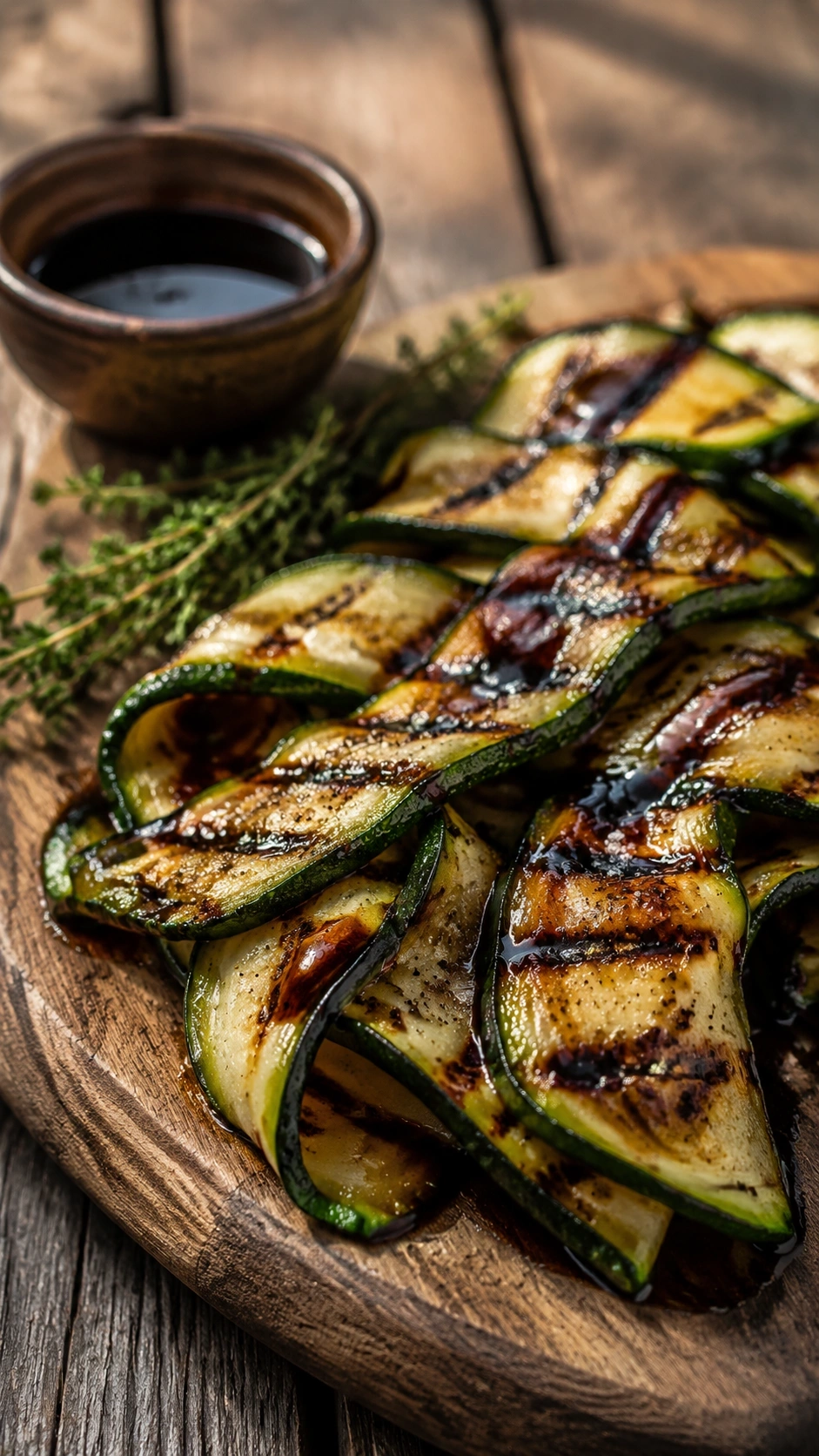 Elegant grilled zucchini ribbons with distinct grill marks, drizzled with glossy balsamic reduction, sea salt, and black pepper.