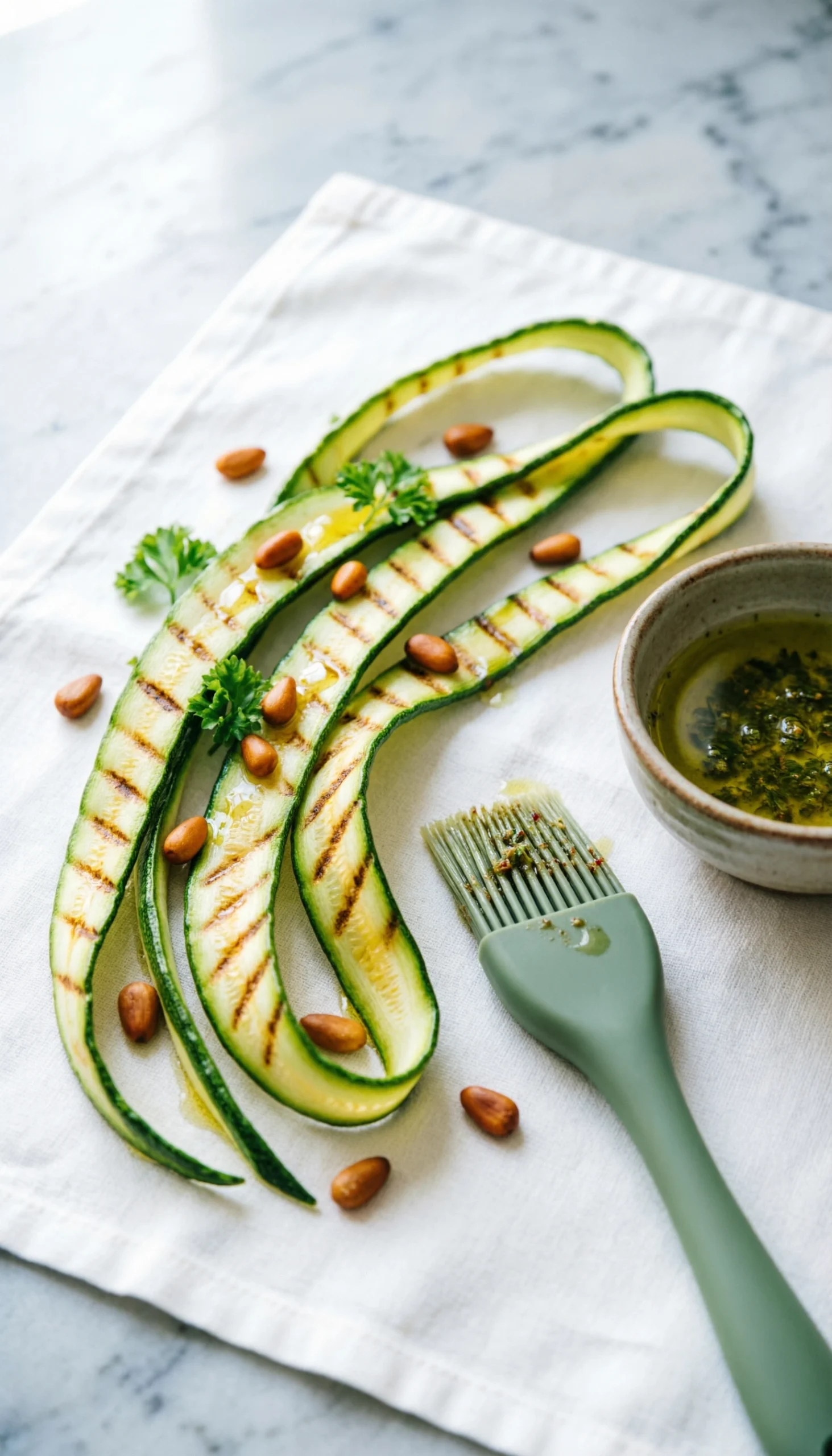 Elegant marinated grilled zucchini ribbons with perfect grill marks, layered on a platter, garnished with toasted pine nuts.
