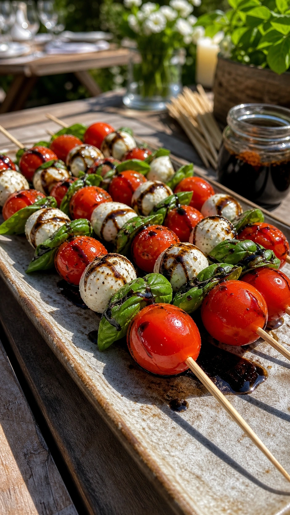 Elegant Smoky Balsamic Caprese Skewers With Cherry Tomatoes, Mozzarella, Basil, And Glaze On A Rustic Tray.