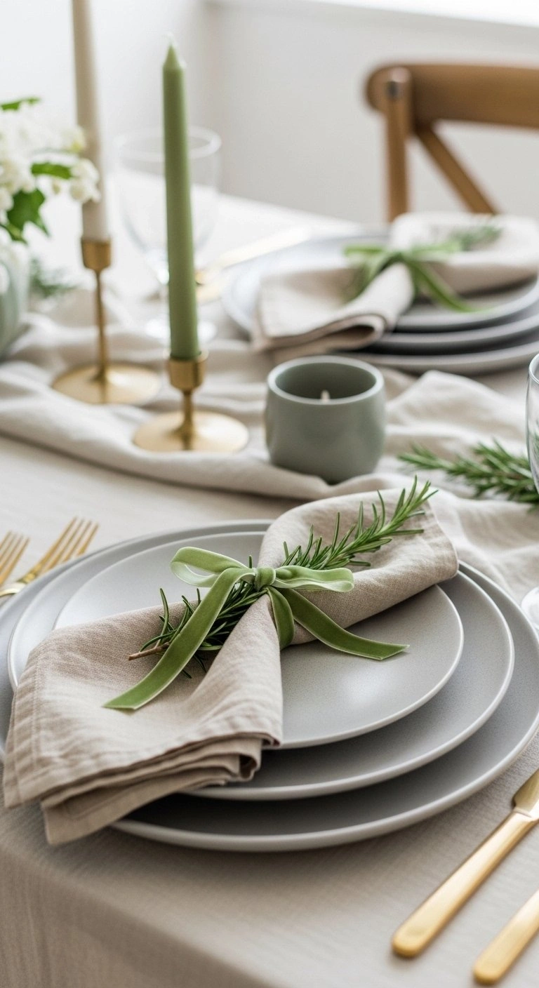 Elegant Table Setting Featuring Sage Green Velvet Ribbons On Linen Napkins With Matte Stoneware And Gold Flatware.