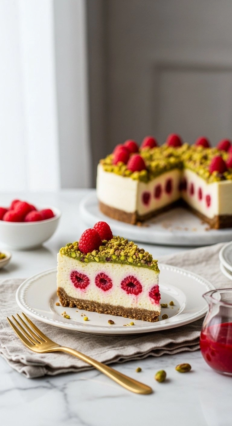 Elegantly Plated Slice Of Pistachio Raspberry Cheesecake With A Nutty Crust And Toasted Crumble On A Vintage Plate.