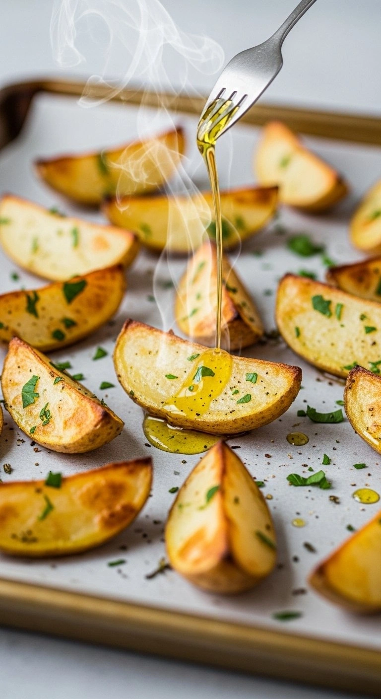 Eye-Level Close-Up Of Crispy Golden Roasted Potato Wedges Seasoned With Herbs And Drizzled With Olive Oil On A Baking Sheet.