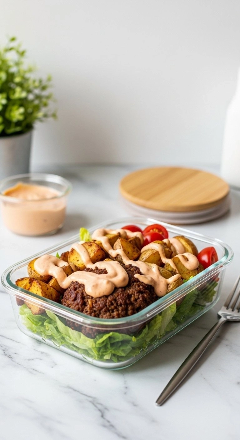 Eye-Level Of A Fresh Ground Beef Burger Bowl With Lettuce, Potatoes, Tomatoes, And Creamy Sauce In A Glass Meal Prep Container.