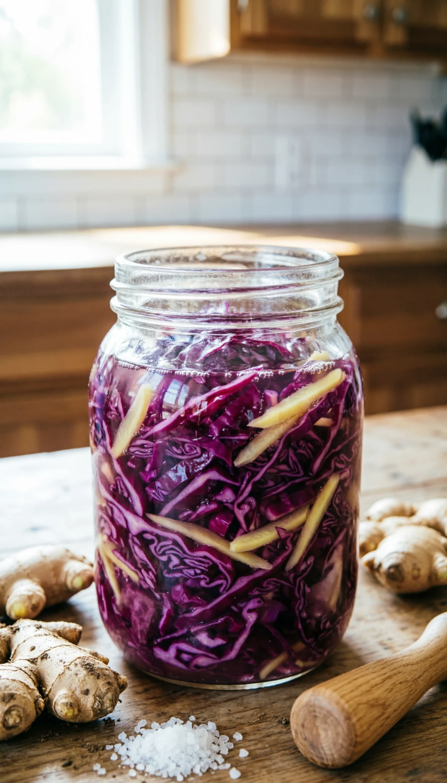 Fermented red cabbage and ginger sauerkraut in a glass mason jar on a rustic wooden table in a sunlit kitchen.