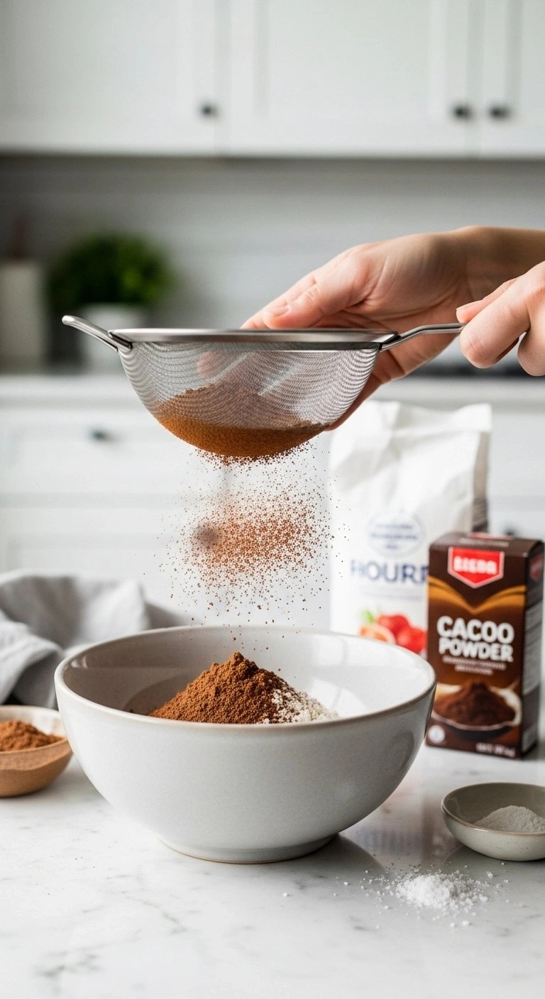 Fine-Mesh Sieve Sifting Dark Cocoa Powder, Flour, Baking Soda, And Salt Into A Bowl On A Clean White Marble Countertop.