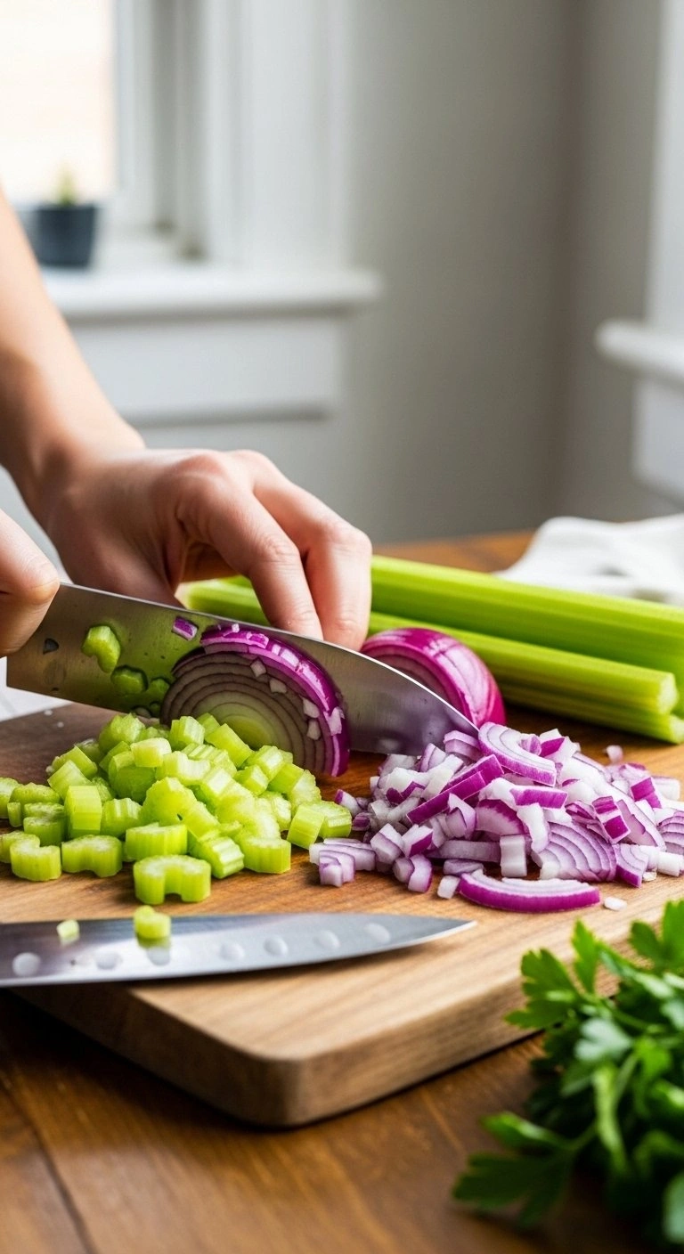 Finely Diced Green Celery And Purple Red Onion On A Rustic Wooden Cutting Board With A Chef's Knife And Parsley.