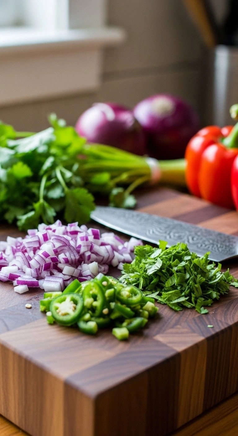 Finely Diced Red Onions, Jalapeños, And Fresh Cilantro On A Walnut Butcher Block With A Professional Chef's Knife.