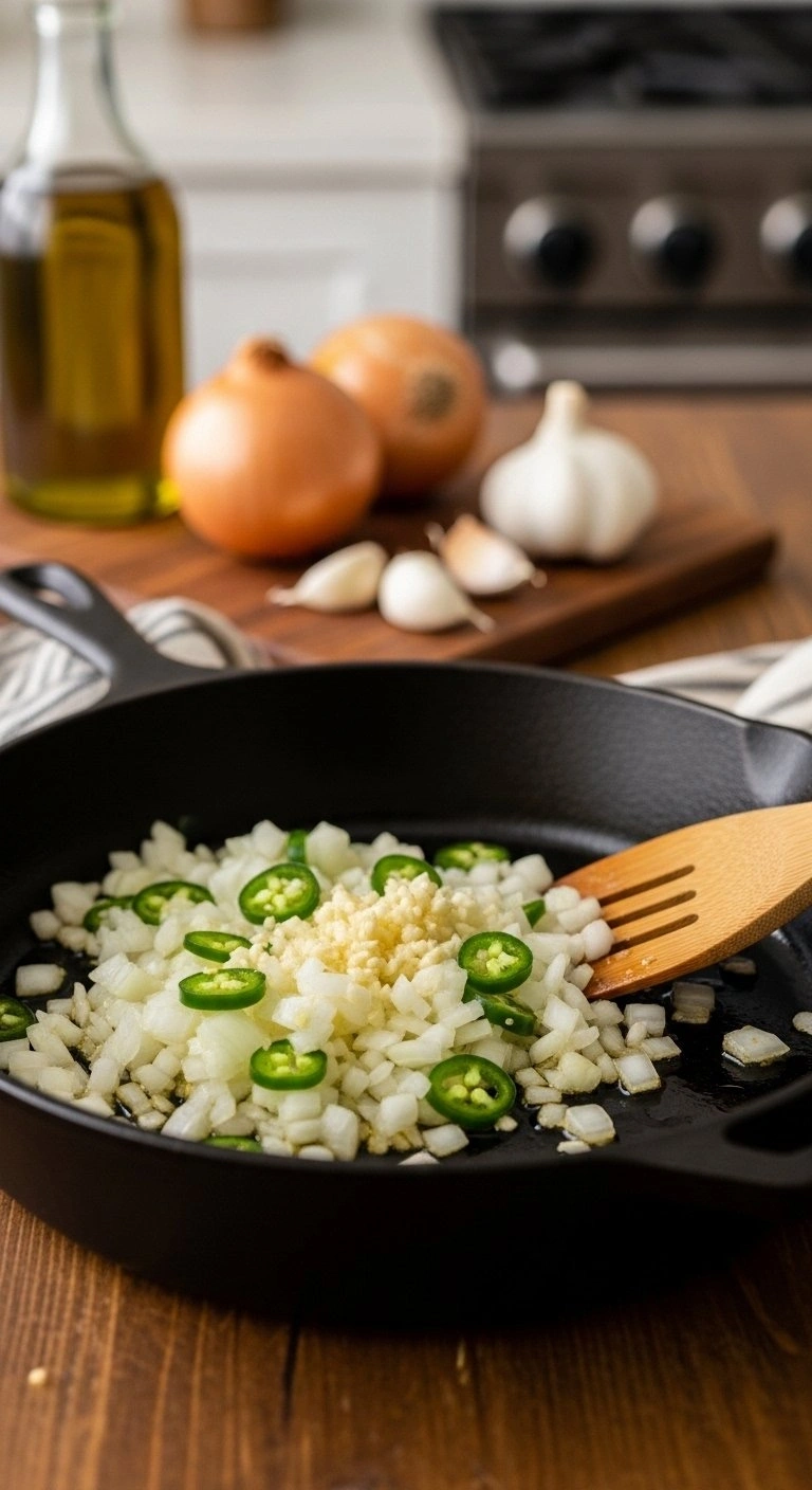 Finely Diced White Onions, Green Jalapeños, And Minced Garlic Sizzle In A Cast Iron Skillet With Golden Olive Oil.