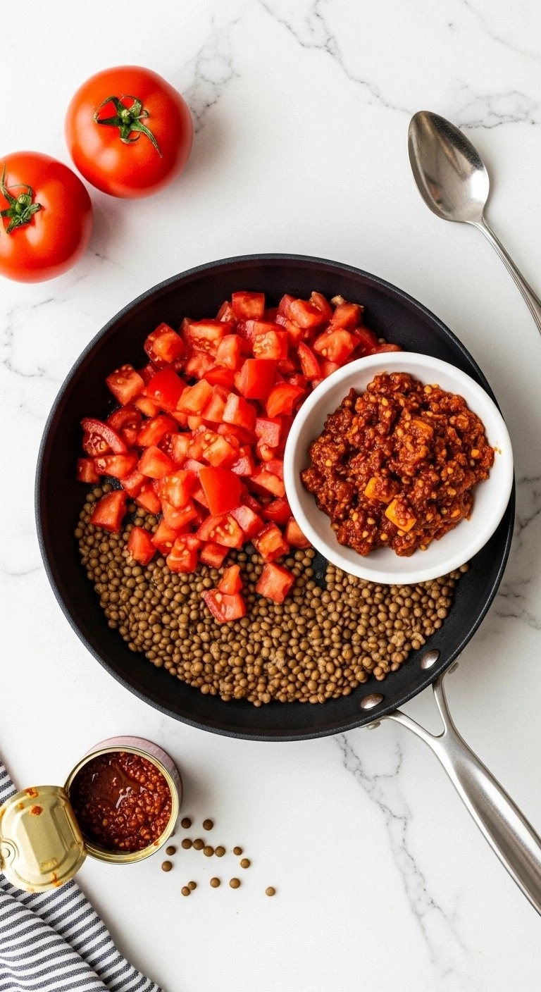Fire-Roasted Diced Tomatoes And Smoky Chipotle Peppers Are Mixed Into Simmering Lentils On A Sleek Quartz Countertop.